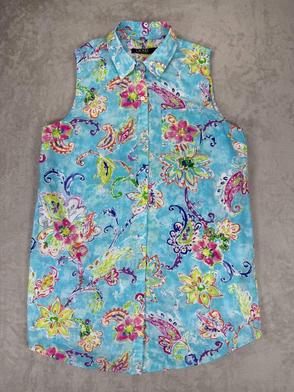 Lauren Ralph Lauren Sleeveless Shirt Dress Large Blue Floral Paisley Cotton Knee